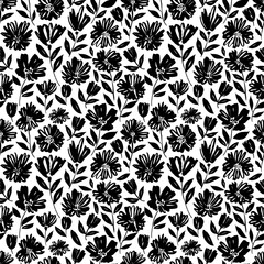 Brush flower vector seamless pattern. Hand drawn botanical ink illustration with floral motif. Camomile or daisy painted by brush. Hand drawn black print for fabric, wrapping paper, wallpaper design
