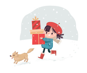 Happy girl deliveries, carry on Christmas gifts  boxes on winter background with snowfall.