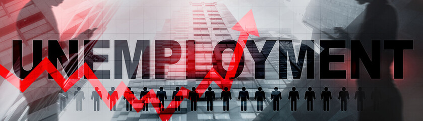 Rising unemployment. Red arrow up. 2020 financial crisis concept.