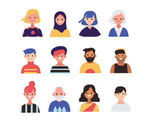 Collection, mix of Multicultural characters. Portraits of men and women. International people. Different face expressions.