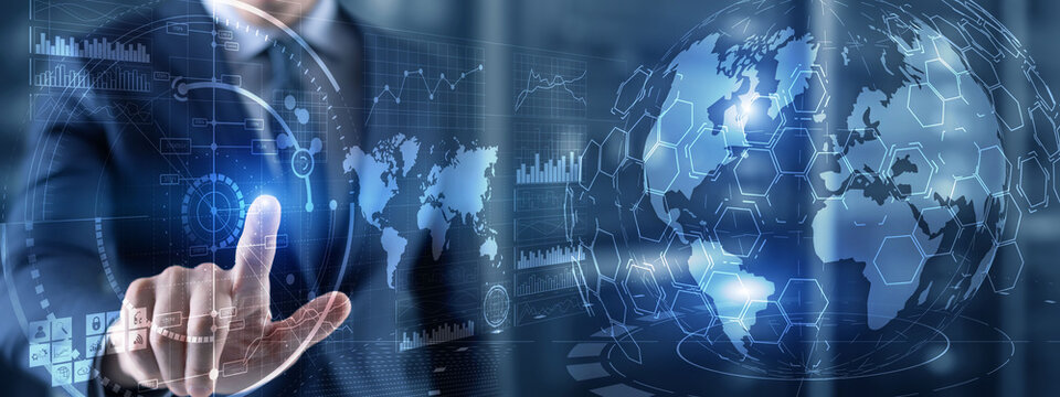 Futuristic Earth globe hologram and HUD interface panels Control dashboard. Business intelligence dashboard.