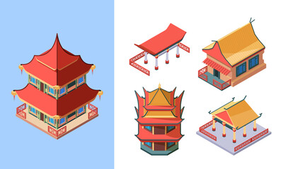 Oriental temples and palaces isometric set. Asian traditional buildings ancient chinese style japanese ritual pagodas korean noble houses oriental ethnic structures. Famous vector.