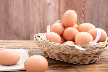 Close up chicken egg on wooden table background and space for text 