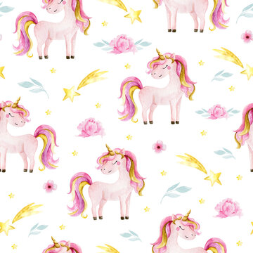 Cute watercolor seamless pattern with unicorn. Nursery unicorns illustration.