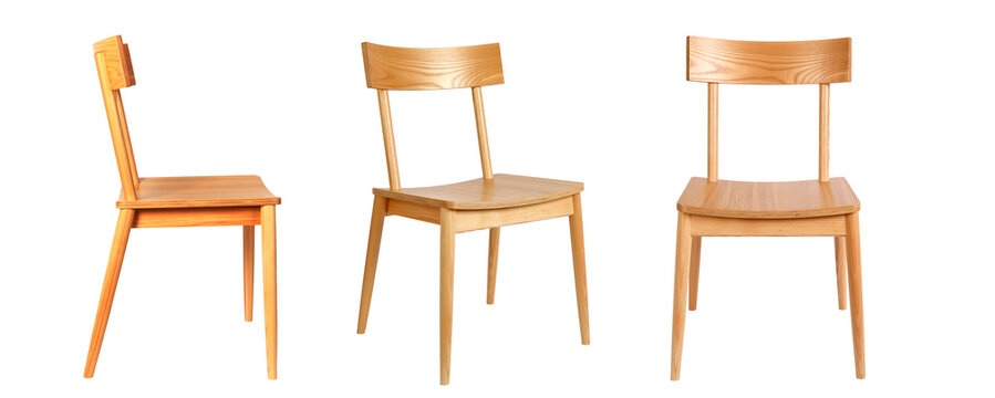 Set of three identical wooden chairs in different view angles