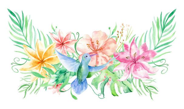 Watercolor bouqet with tropical flowers, leaves and hummingbird. Hawaiian exotic illustrations for greeting card, wedding, wallpaper