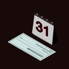 Blank checkbook ( cheque ) and calendar icon vector illustration. Paycheck, payday and payroll concept.