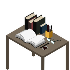 Book and stationary on office desk isometric design vector illustration for education concept.