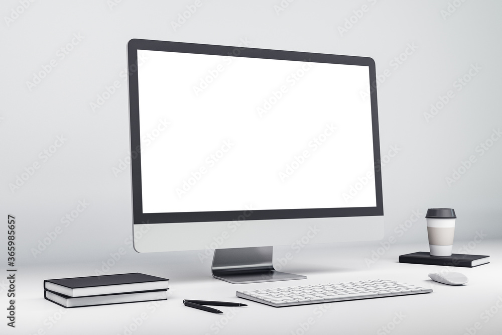 Aufkleber mock up of modern computer with white screen on desktop. 3d rendering