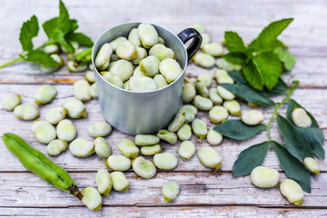 Freshly shelled broad beans in a mug.