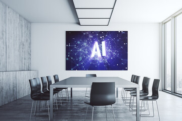 Creative artificial Intelligence symbol concept on presentation screen in a modern conference room. 3D Rendering