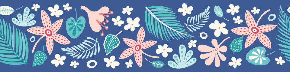Tropical border pattern. Vector floral and leaf seamless repeat banner design.