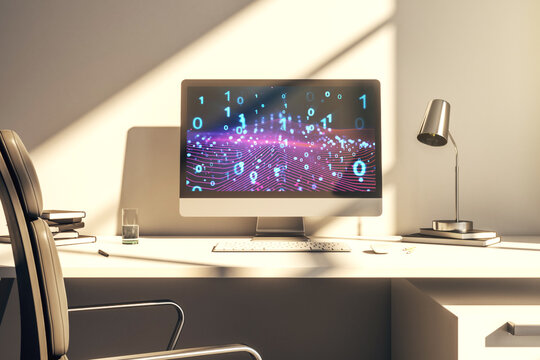 Creative abstract binary code hologram on modern computer monitor, AI and machine learning concept. 3D Rendering