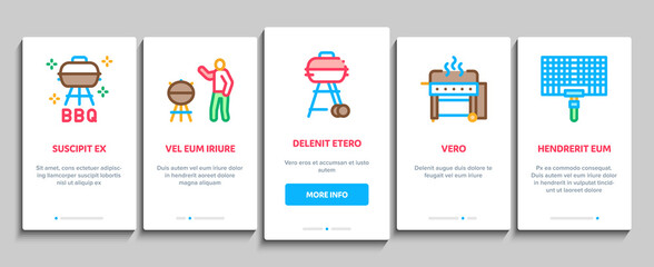 Bbq Barbecue Cooking Onboarding Mobile App Page Screen Vector. Bbq Fried Meat And Shrimp, Fish And Bacon, Utensil And Gas Lighter, Grid And Wood Stick Illustrations