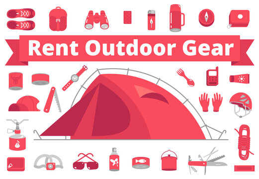 Rent Outdoor Gear. Camping Gear Rental. Mountain Hike Equipment Set. Tourism Travel Adventure. Trekking Hiking Tent. Flat Vector Red Colour Illustration.