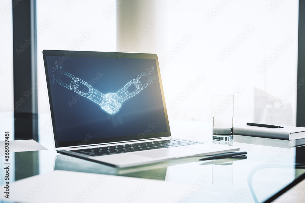 Poster creative concept of blockchain technology with handshake on modern laptop screen. digital money tran