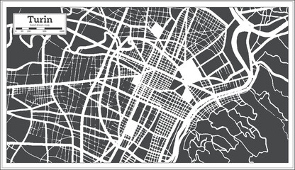 Turin Italy City Map in Black and White Color in Retro Style. Outline Map.