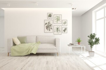 White living room with sofa. Scandinavian interior design. 3D illustration
