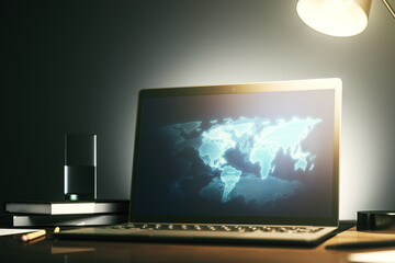 Abstract creative world map on modern laptop screen, international trading concept. 3D Rendering