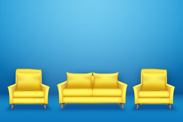 Sample interior scene with Modern yellow sofa with chairs on blue wall. Furniture or interior items for living room or office. Minimalistic style. Vector Illustration