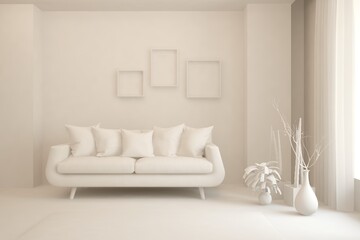 White minimalist living room with sofa. Scandinavian interior design. 3D illustration