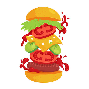 Hamburger with flying ingredients. Vector illustration isolated on white.