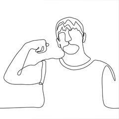 one line drawing of a sporty man bent his arm at the elbow protruding biceps. Vector illustration of an athletic slender man showing his muscles on his arm.