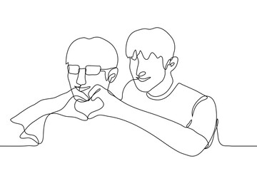 two guys (one with glasses) hold their hands clasped fingers in the shape of a heart. One continuous line art sign of love, kindness, openness, "I love you"