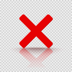 Cross red icon isolated on transparent background. Symbol No or X button for correct, wrong and failed decision. Vector flat sign or mark element