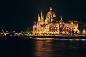 Budapest iconic Parliament building illuminated at night
