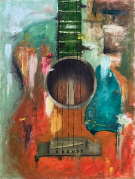 Guitar Hand Painted Oil Painting, Abstract Colors, colorful painting