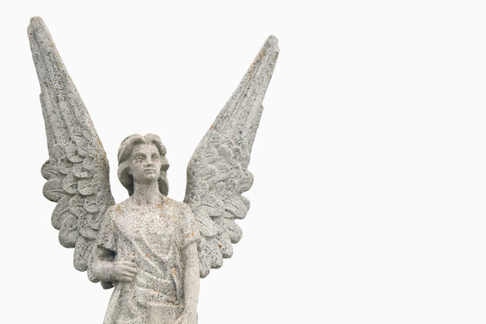 Angel on white background.  Antique stone statue.