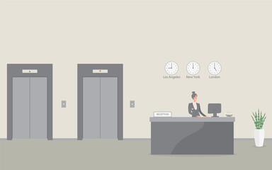 Woman receptionist behind workplace in hotel or bank lobby. Interior of modern reception desk in waiting room, hall or corridor with lifts in business office.Raster flat illustration