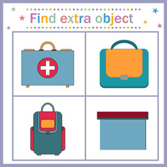 Map game for children's development, find the extra object, where all the objects are bags and one is a box, the box is extra. Vector illustration. Design, education
