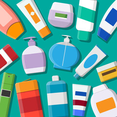 Set of various color cosmetic bottles. Cream, tooth paste, shampoo, gel, spray, tube and soap. Skin and body care, toiletries. Products for beauty and cleanser. Vector illustration in flat style