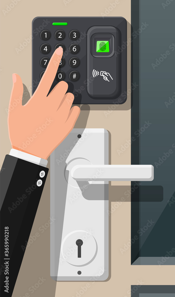 Poster password and fingerprint security device at office or home door. access control machine or time the 