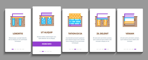 House Foundation Base Onboarding Mobile App Page Screen Vector. Concrete And Brick Building Foundation, Broken And Rickety Basement, Plan And Size Illustrations