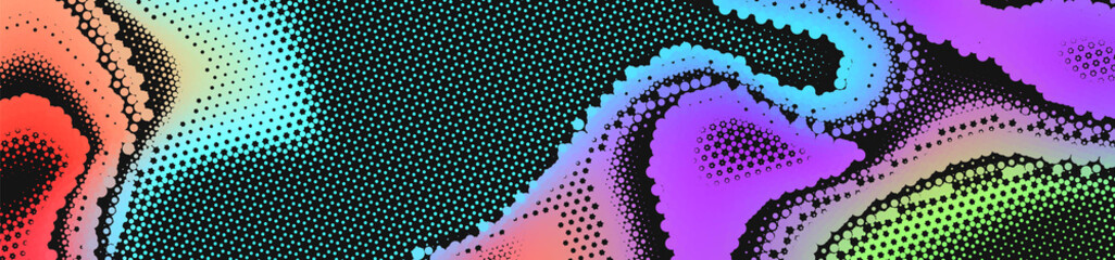 Abstract panoramic colorful halftone wide background. Panorama, Modern gradient Multicolor Backdrop with dots. Dotted soft lines pattern. Vector illustration.