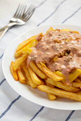 Homemade Animal Style French Fries on a white plate, low angle view.
