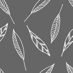 Vector Illustration of white doodle leaves isolated on a gray background, Seamless pattern