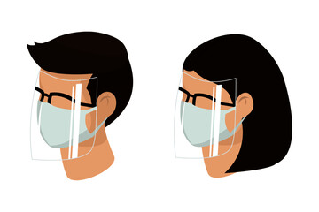 Man and woman wear protective medical facial mask and glasses with face shield cartoon isometric design icon vector illustration. Infectious control and prevent corona virus, covid-19 pandemic concept