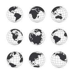 Vector graphic set of nine globes depicting the earth with continents and oceans