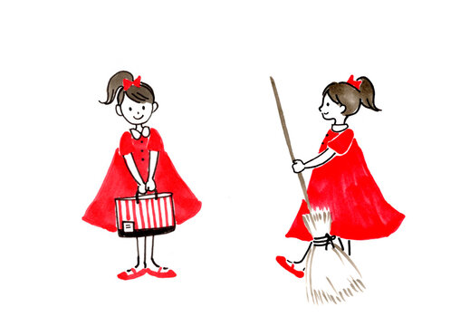 かわいい ほっこり イラスト素材 赤いワンピースを着たポニーテールの女の子 手描きイラスト イラスト素材 正面 横向き ほうき バッグ 掃除 魔法使い 見習い Stock Illustration Adobe Stock