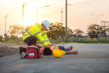 Accident at work of construction labor people, Basic First aid and CPR Training at outdoor. Heat...
