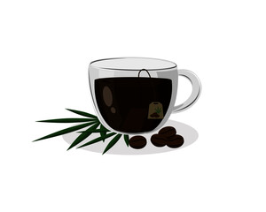 Cup of coffee with cannabis leaf and roasted bean isolated on white. Vector illustration.