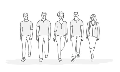 Young team members stand. Line drawing vector illustration.
