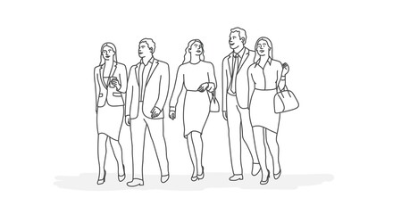 Fototapeta na wymiar Business people walking together discussing work. Line drawing vector illustration.
