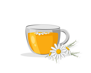 Cup of chamomile tea with white flower. Icon vector illustration. 