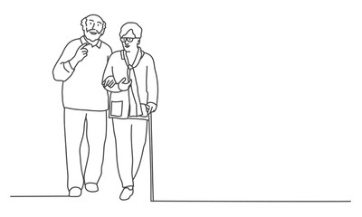 Old man and woman walking together. Line drawing vector illustration.