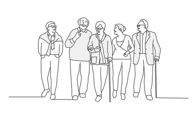 Old people walking together. Line drawing vector illustration.